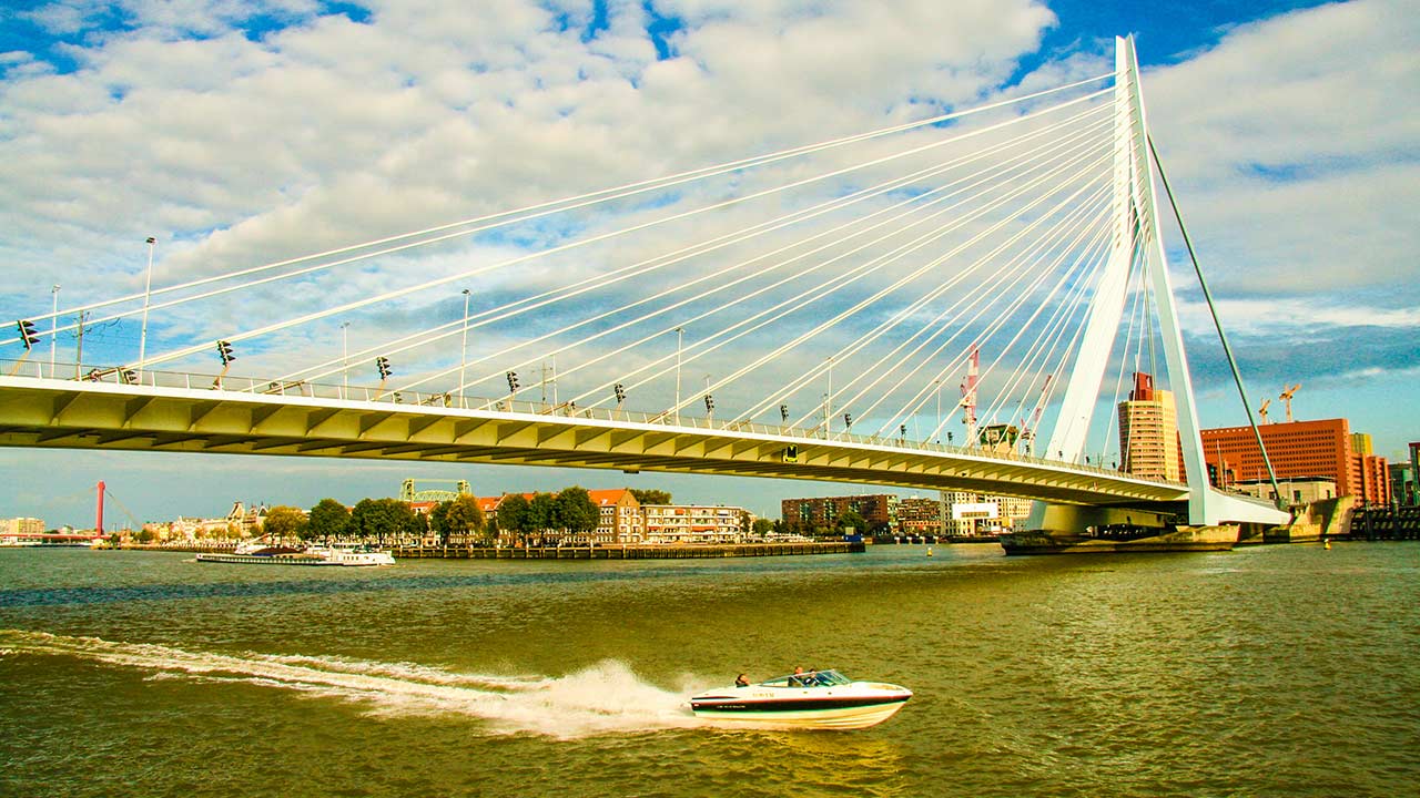 Роттердам Маас порт Мост Эразма Роттердамского Лебедь водное такси скоростной катер Голландия Нидерланды